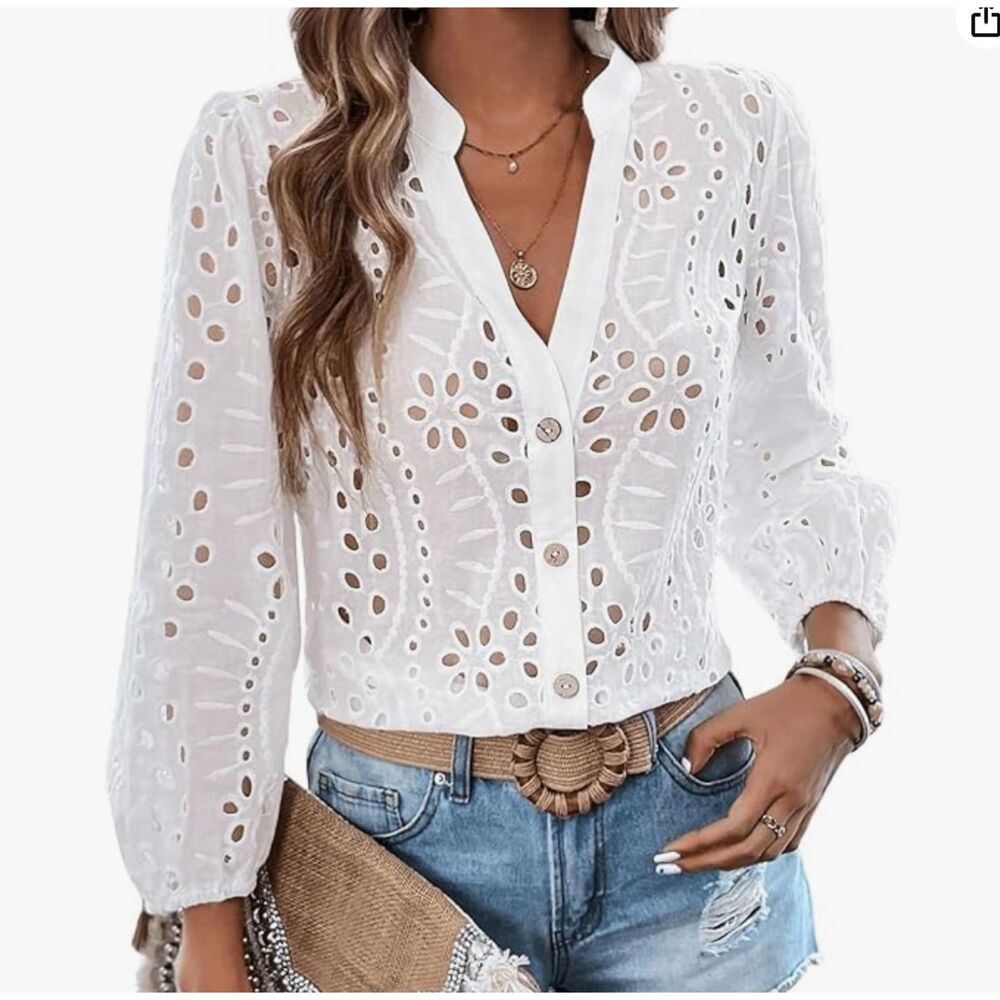 MakeMeChic NWT Lantern Sleeve Button Down Shirt Notched V Neck Eyelet Shirt